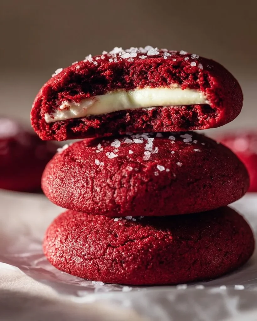 Cream cheese stuffed red velvet cookies on a white plate