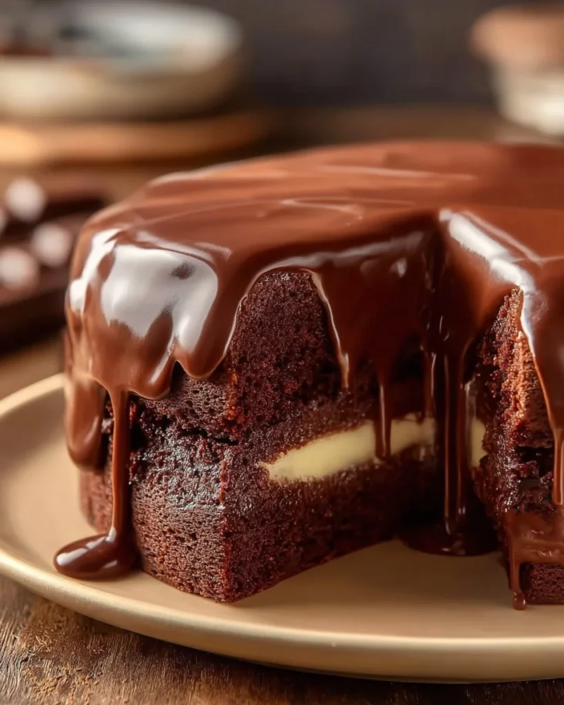 Delicious cream filled chocolate cake topped with chocolate ganache
