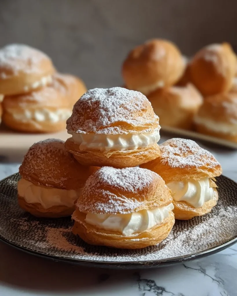 Delicious cream puffs filled with creamy custard and topped with powdered sugar.