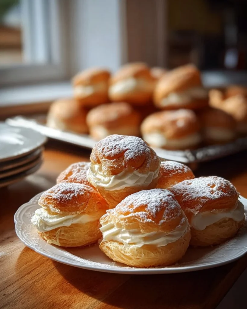 Delicious cream puffs filled with cream on a decorative plate.
