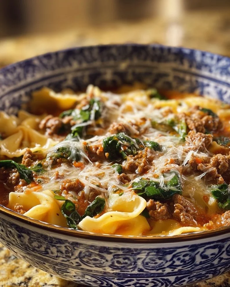 Creamy Alfredo lasagna soup with ground beef in a bowl, garnished with herbs.