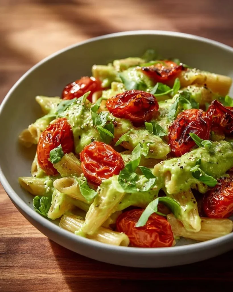 Creamy avocado pasta topped with roasted tomatoes in a bowl