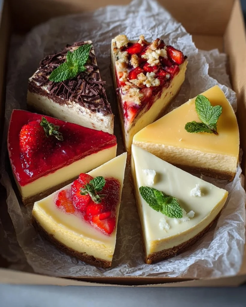 Sliced creamy baked cheesecake topped with fresh berries