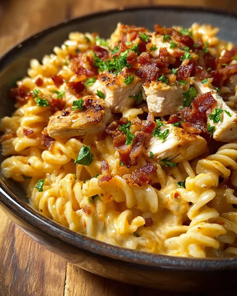 Creamy BBQ Bacon Ranch Chicken Pasta with crispy bacon and ranch dressing