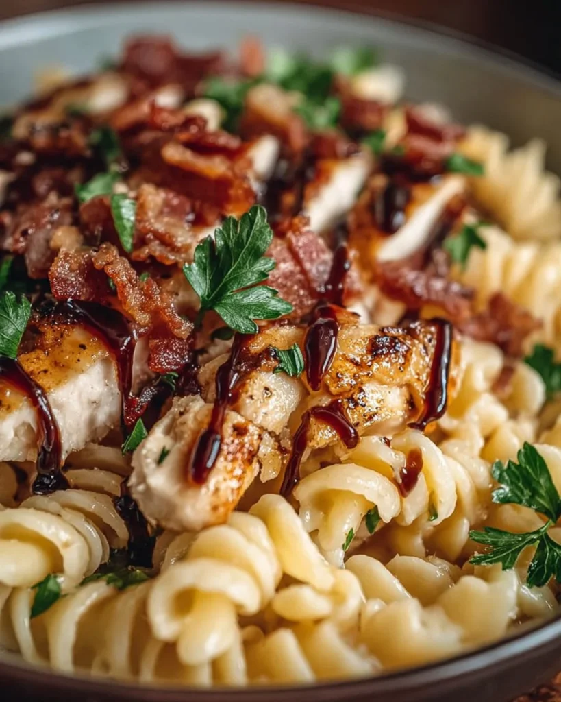 Creamy BBQ Bacon Ranch Chicken Pasta with crispy bacon and ranch flavors