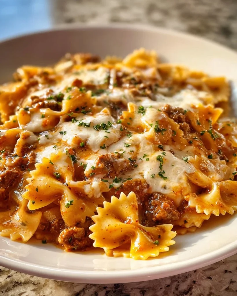 Creamy beef and bowtie pasta dish served in a bowl