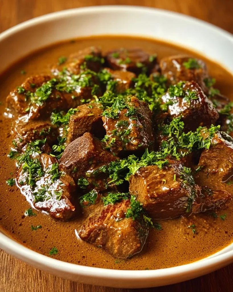 Creamy beef tips simmered in rich mushroom gravy served in a bowl