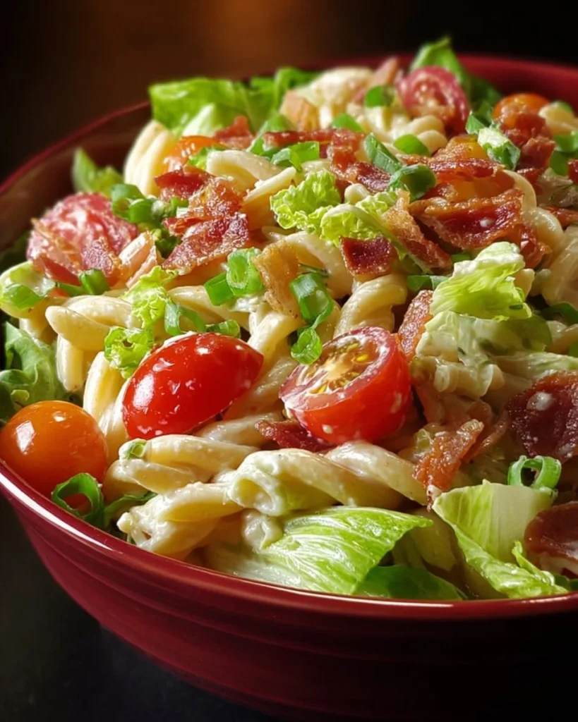 Creamy BLT Pasta Salad with bacon, lettuce, and tomatoes in a bowl
