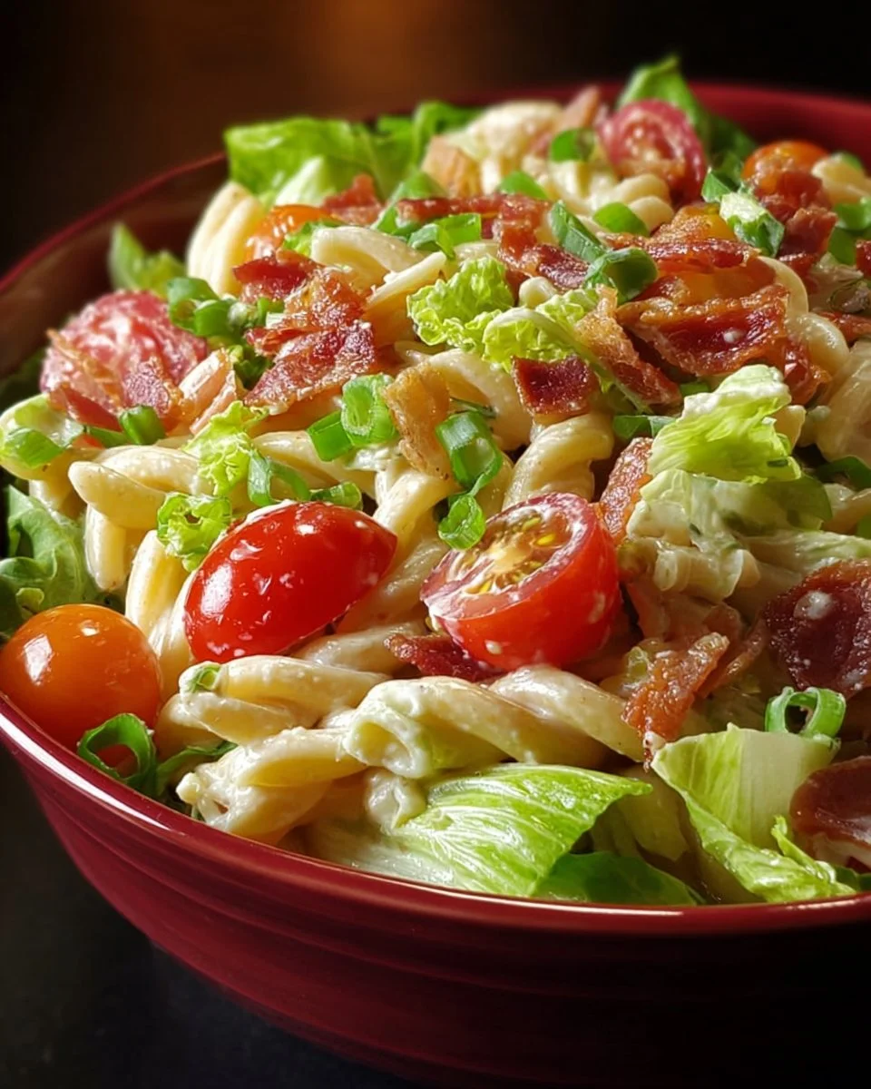 Creamy BLT Pasta Salad with bacon, lettuce, and tomatoes in a bowl