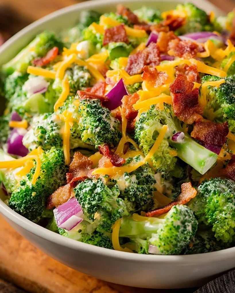 Creamy broccoli bacon salad with fresh ingredients in a bowl