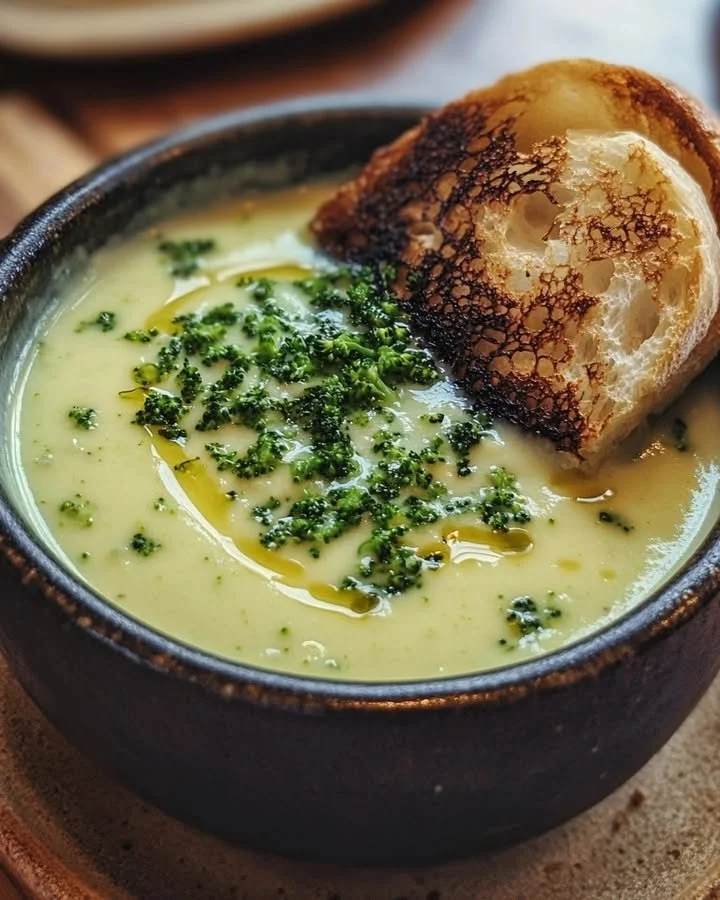 Creamy broccoli cheese soup garnished with fresh herbs in a bowl