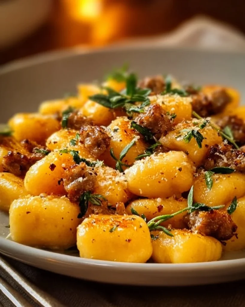 Creamy butternut squash gnocchi with sausage in a bowl