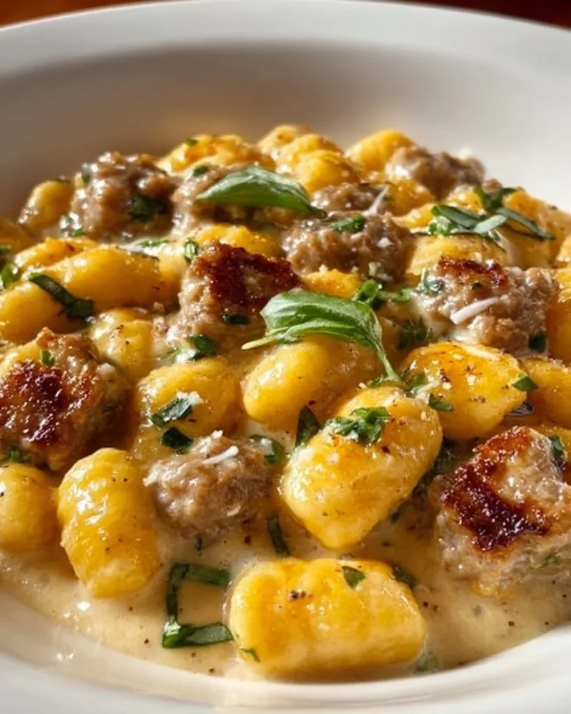 Creamy butternut squash gnocchi dish with sausage and herbs