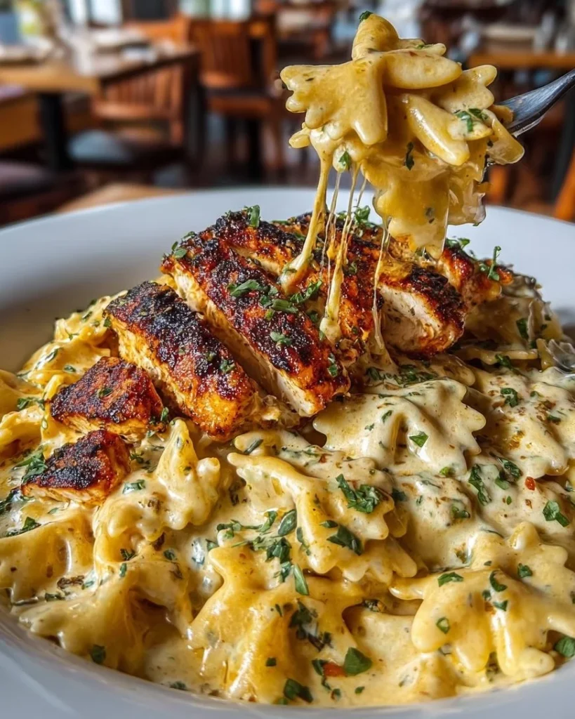 Creamy Cajun chicken bowtie pasta with garlic cheese sauce in a bowl