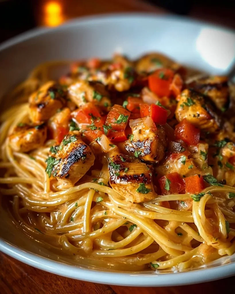Creamy Cajun Chicken Linguine topped with herbs and spices in a bowl
