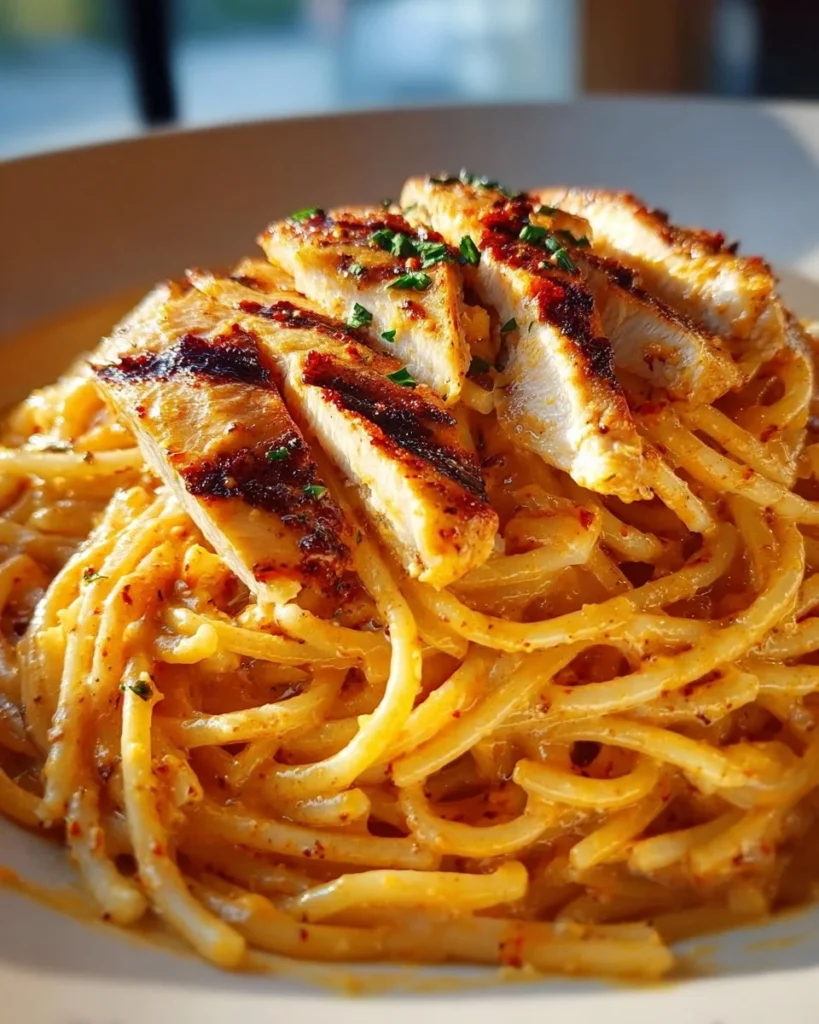 Delicious creamy Cajun chicken linguine with garlic parmesan sauce served on a plate.
