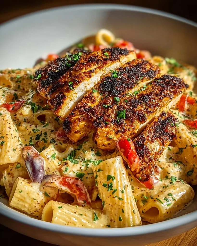 Bowl of creamy Cajun chicken pasta with vibrant vegetables and spices