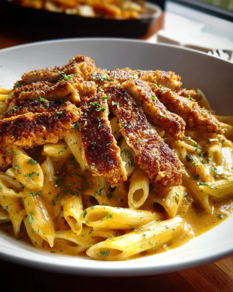 Creamy Cajun Chicken Penne pasta topped with garlic mozzarella sauce