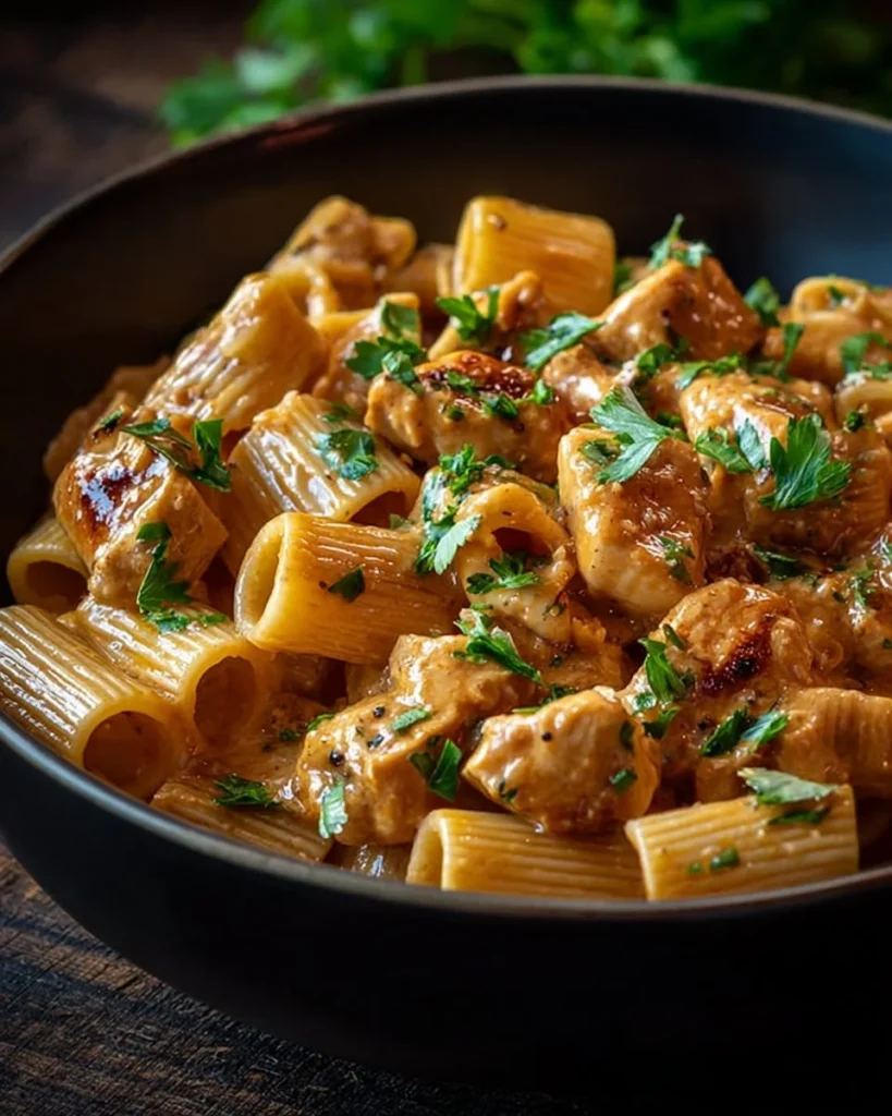 Creamy Cajun Chicken Rigatoni served in a bowl with parsley garnish