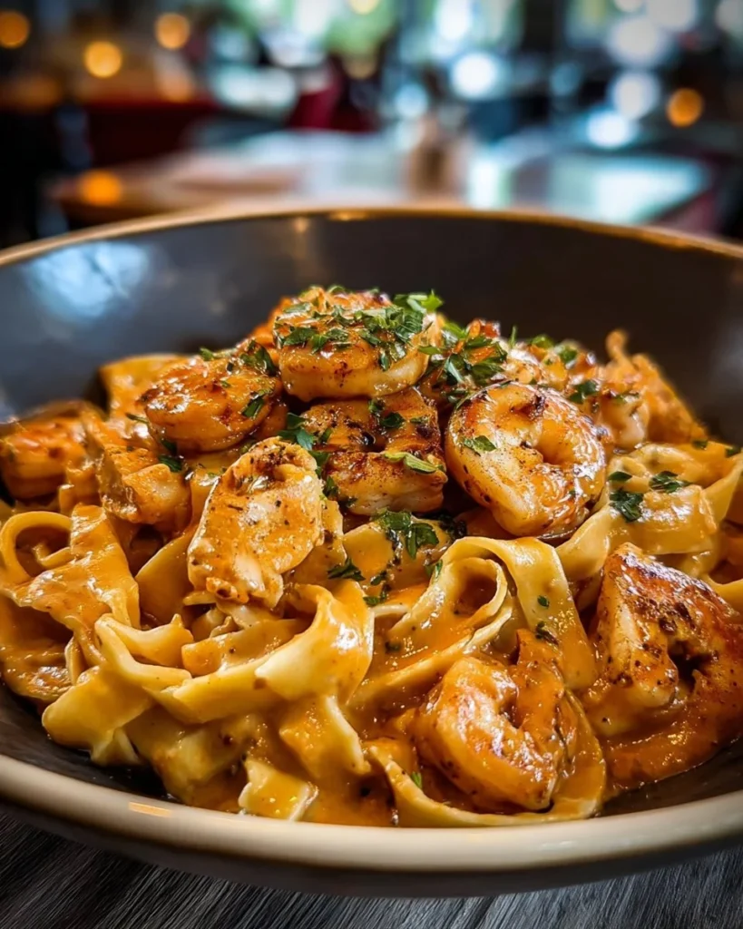 Creamy Cajun shrimp and chicken pasta dish served in a bowl