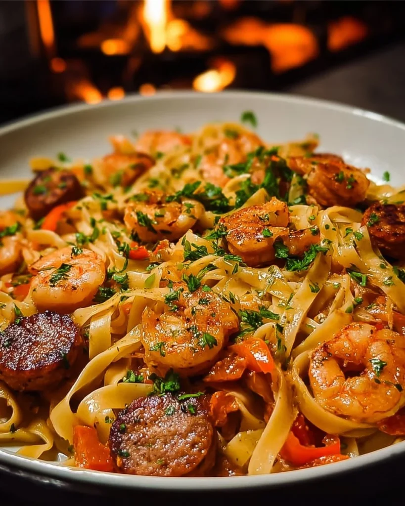 Creamy Cajun shrimp pasta with sausage in a white bowl garnished with herbs.