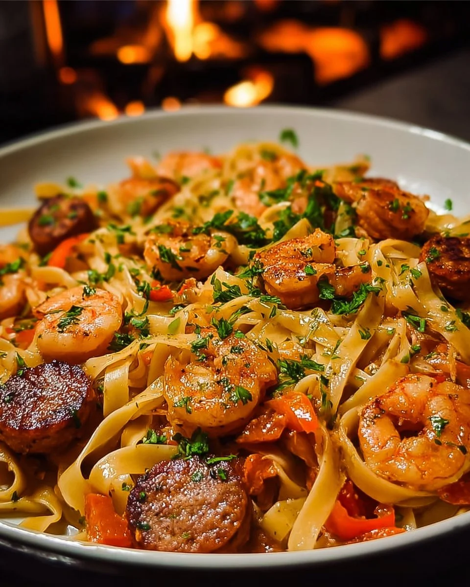 Creamy Cajun shrimp pasta with sausage in a white bowl garnished with herbs.