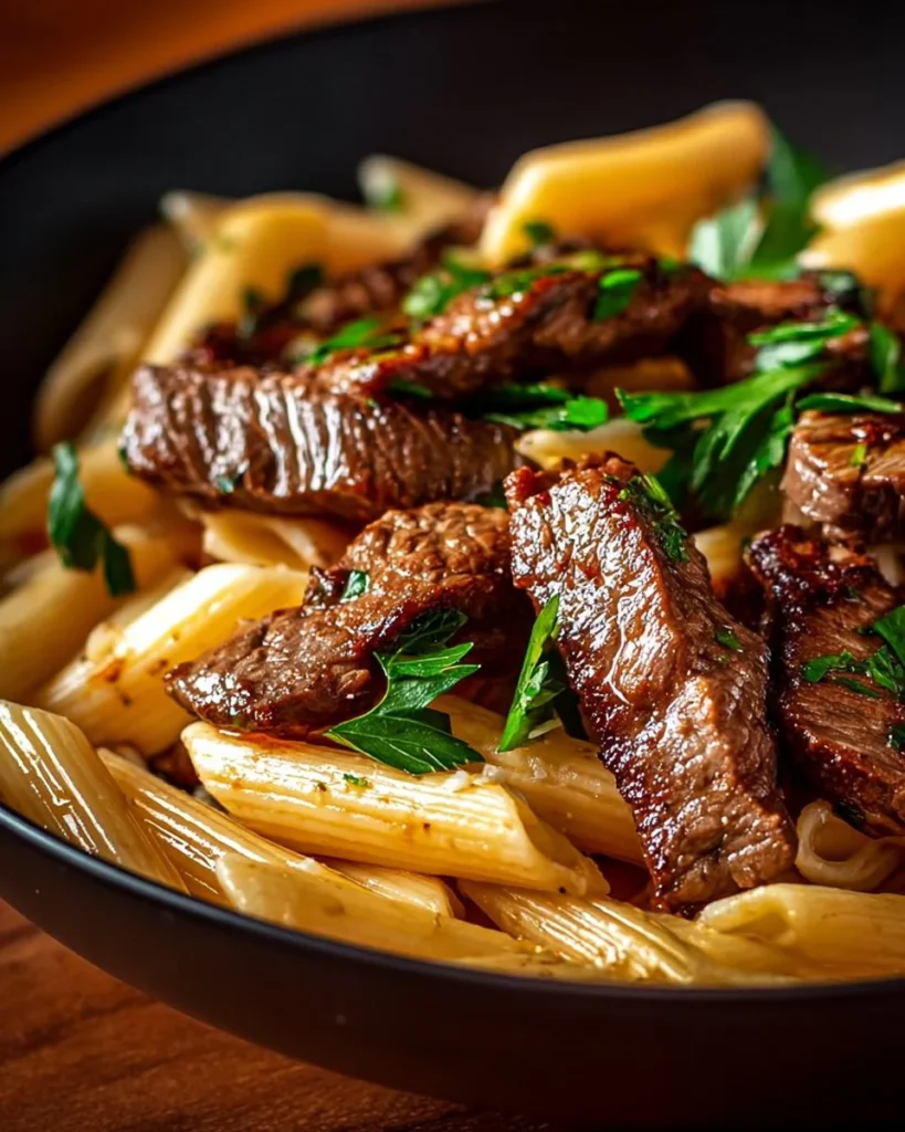 Creamy Cajun steak penne pasta dish garnished with herbs