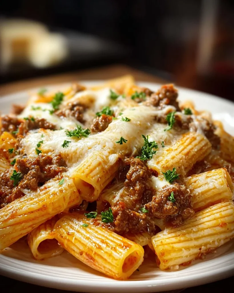 Creamy cheesy garlic butter rigatoni with savory beef in a bowl