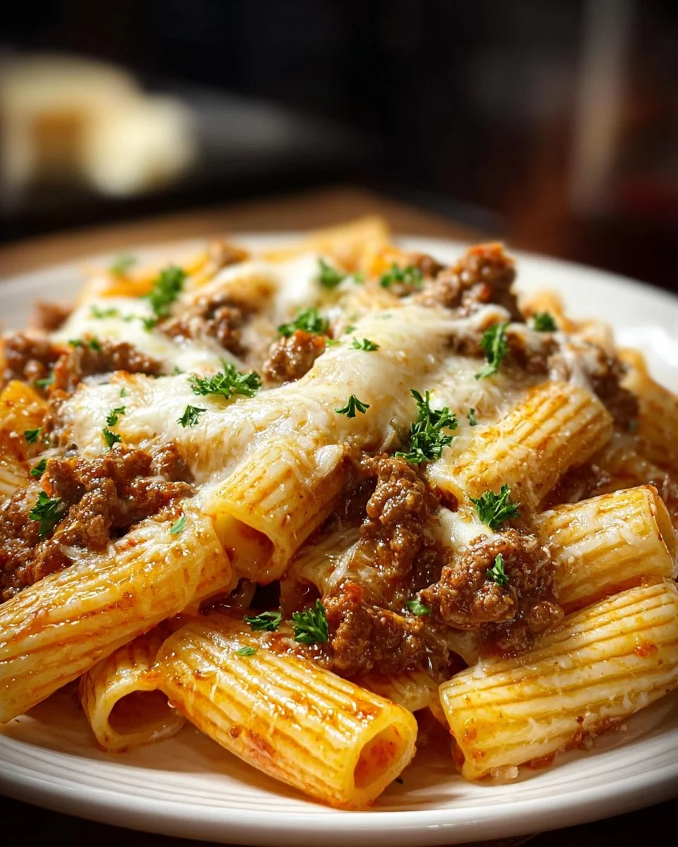 Creamy cheesy garlic butter rigatoni with savory beef in a bowl