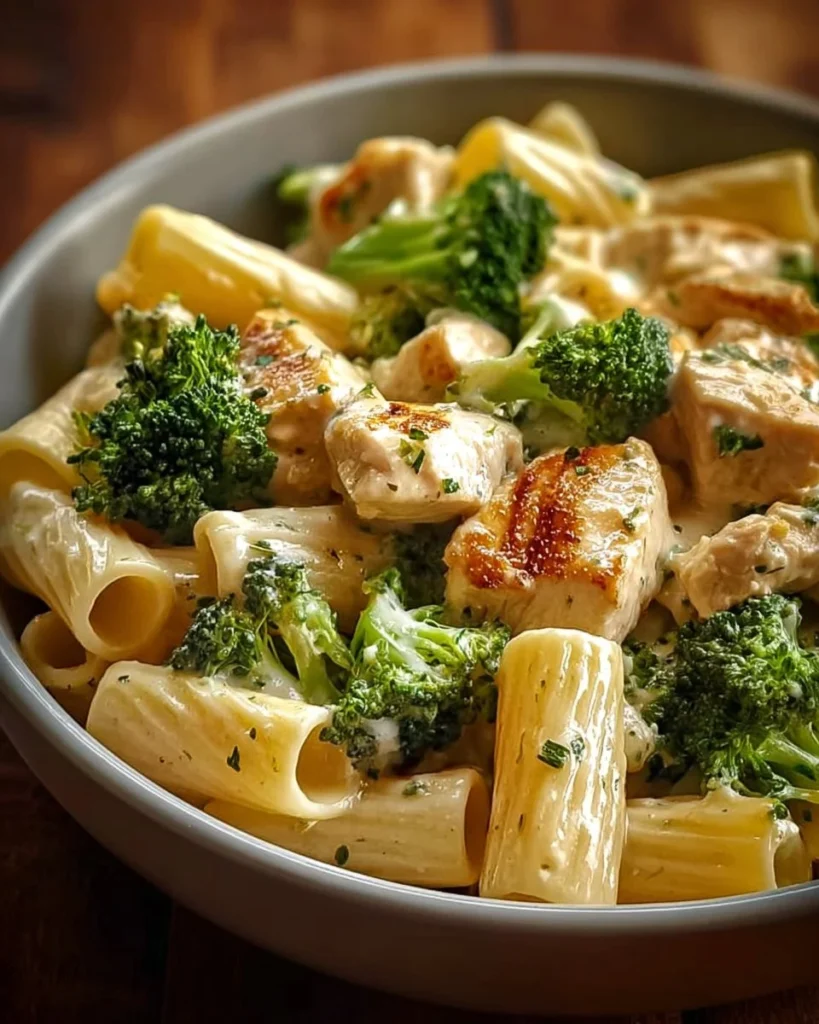 Creamy chicken and broccoli pasta dish served in a bowl with fresh herbs