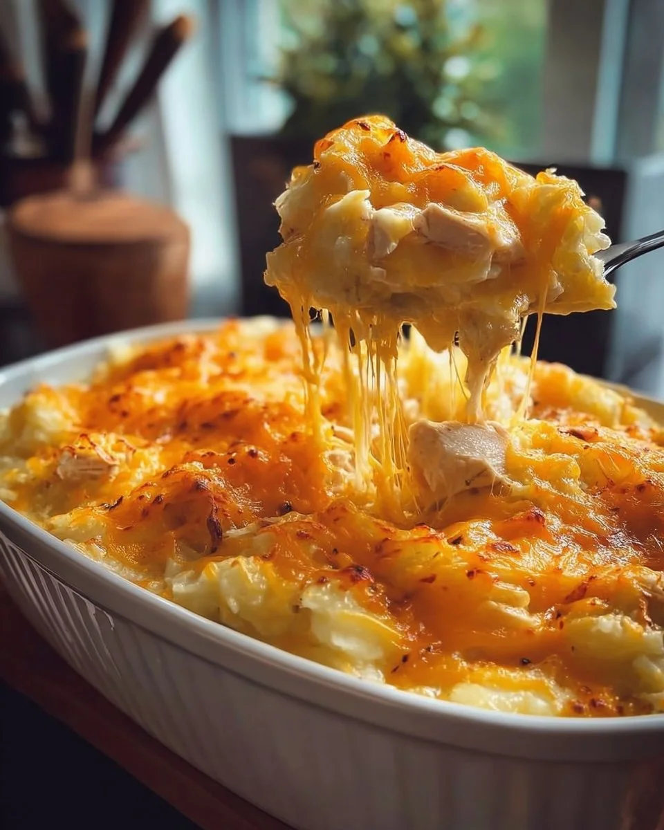 Creamy chicken and hashbrown casserole served in a baking dish