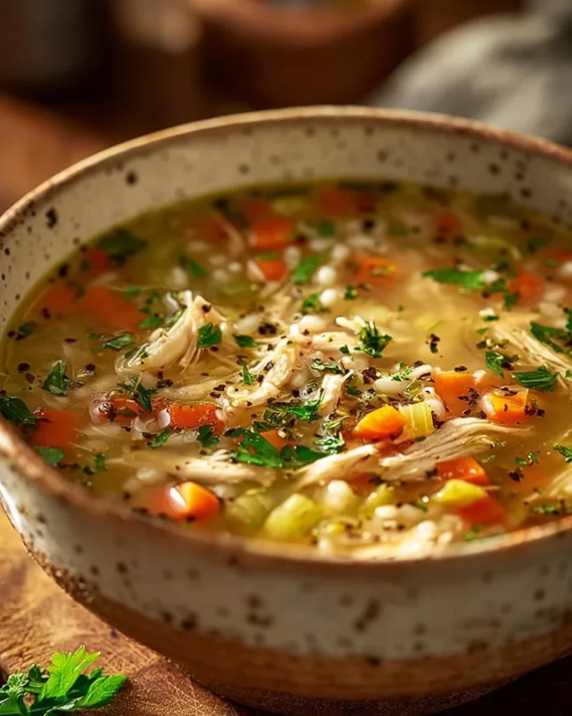 Bowl of creamy chicken and wild rice soup garnished with herbs