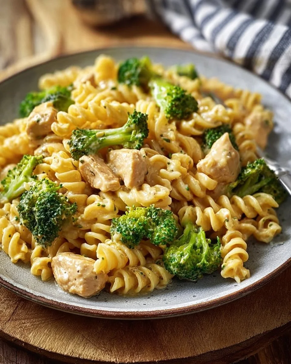 Creamy chicken broccoli pasta dish cooked in one pot