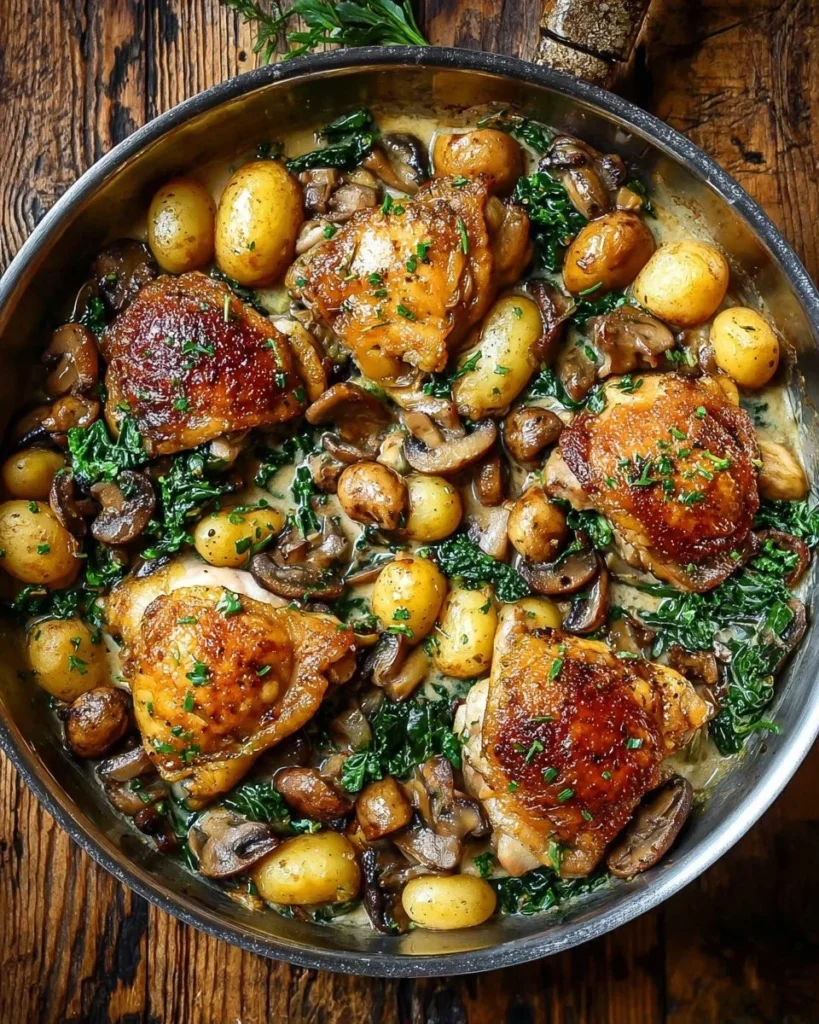 Delicious creamy chicken gnocchi skillet in a cast-iron pan