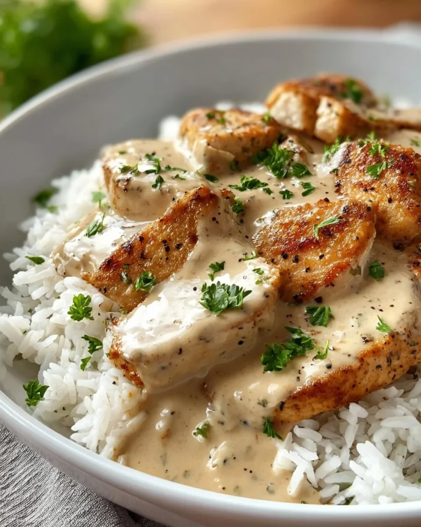 Creamy chicken served in peppery garlic sauce over rice on a plate