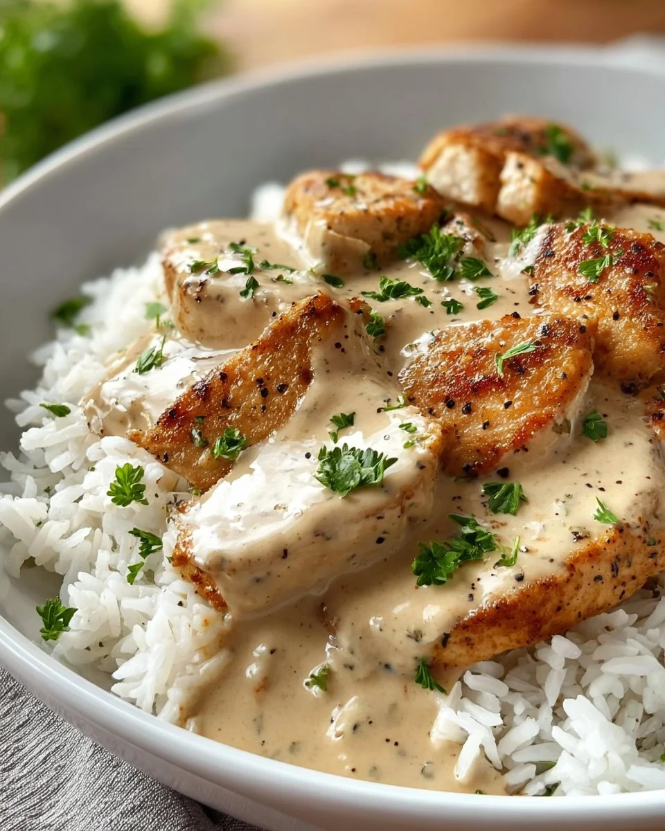 Creamy chicken served in peppery garlic sauce over rice on a plate