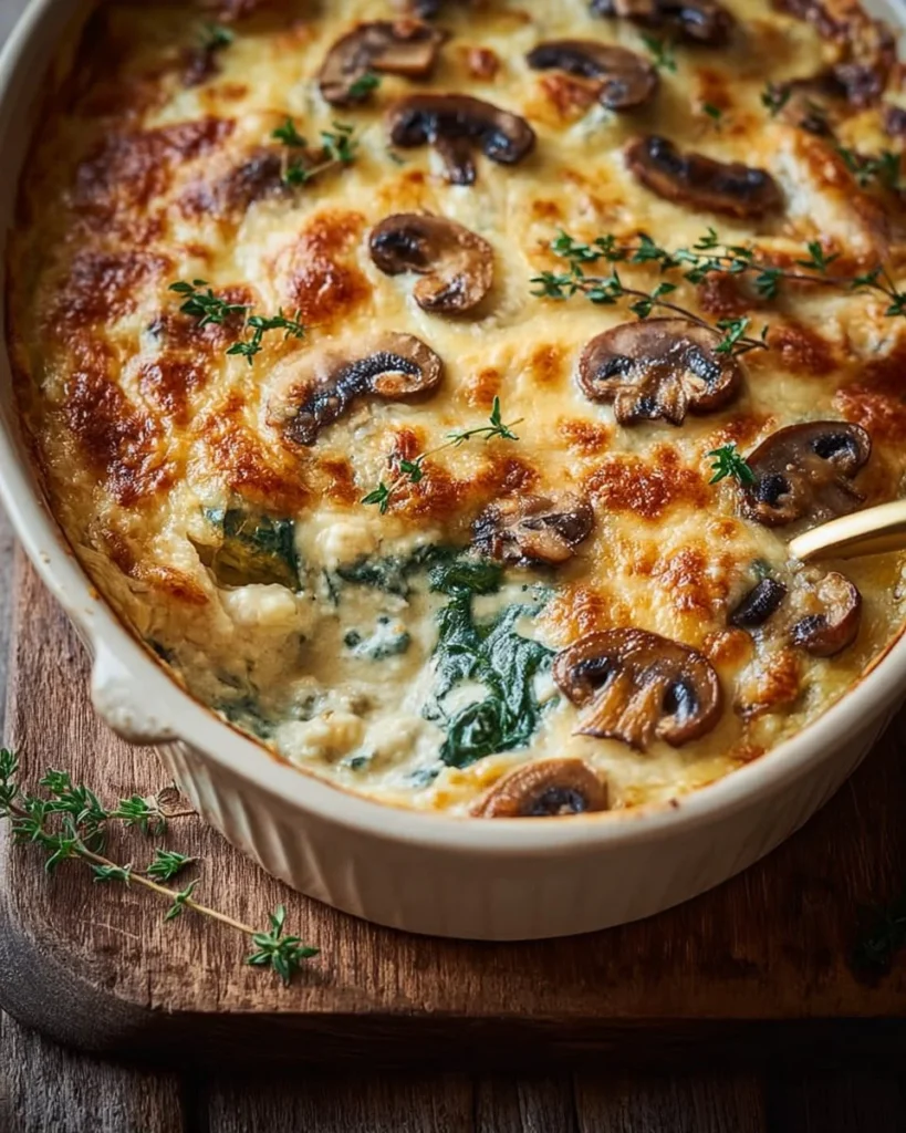 Creamy chicken mushroom and spinach bake in a casserole dish