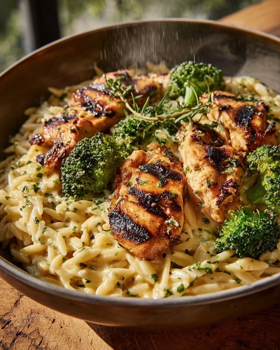 Creamy chicken orzo skillet with fresh vegetables and herbs