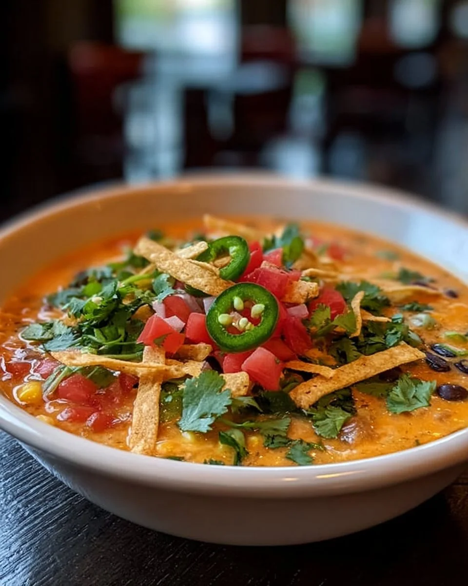 Creamy chicken tortilla soup garnished with tortilla strips and herbs.