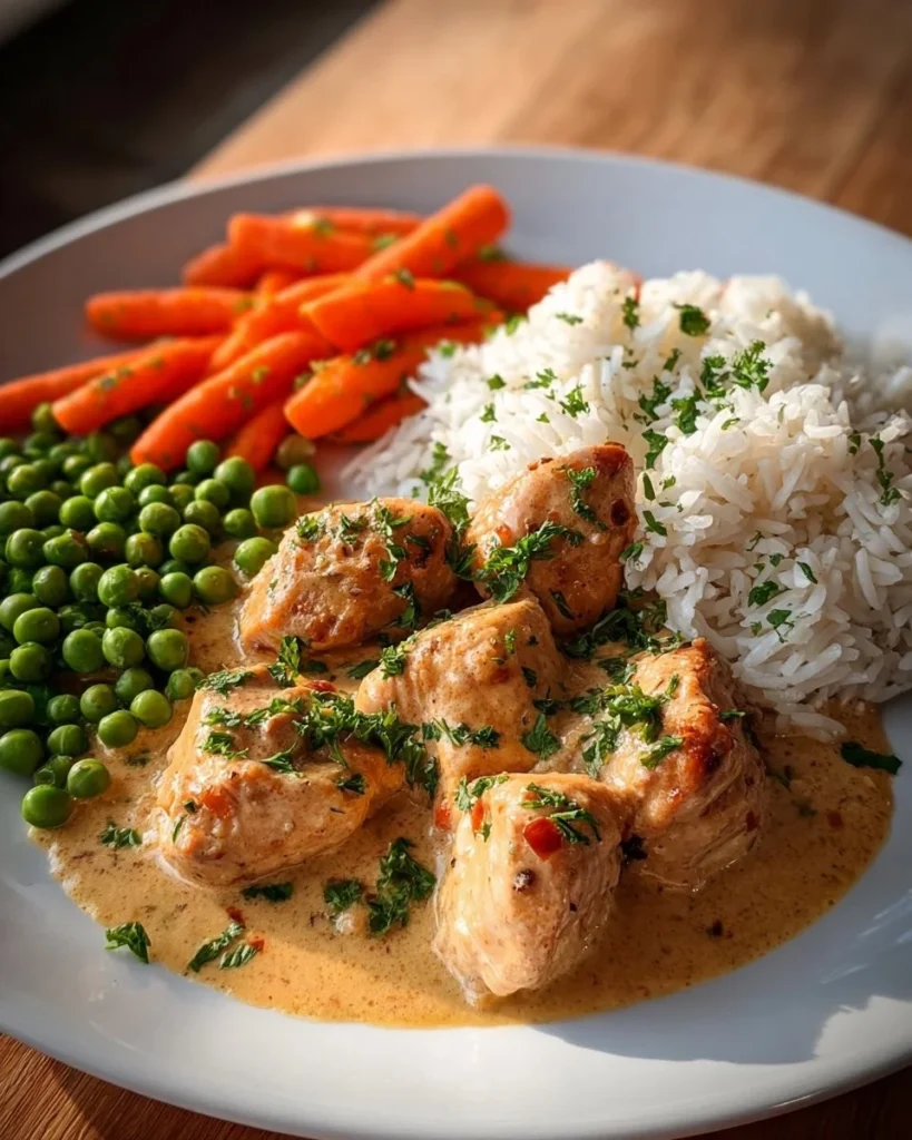 Creamy chicken dish with rice and assorted vegetables