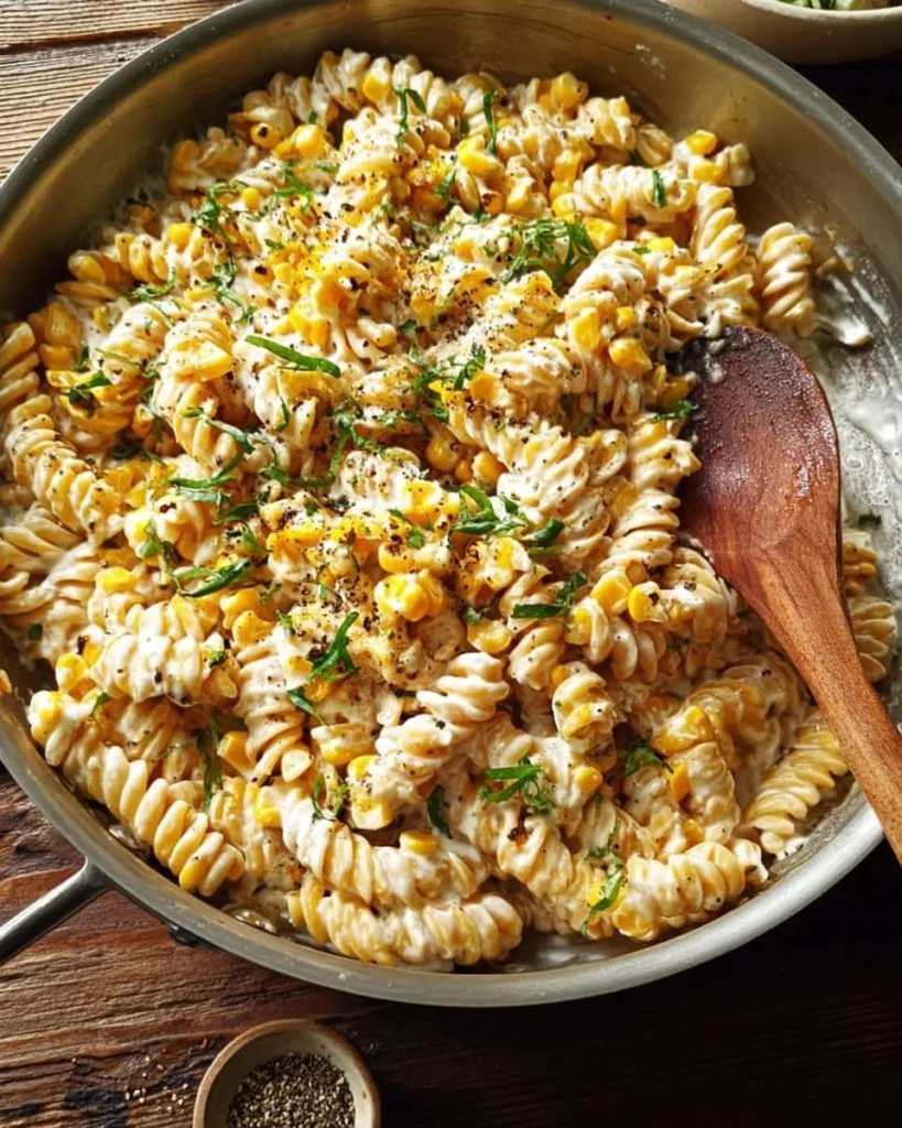 A delicious plate of creamy corn pasta with ricotta cheese garnished with fresh herbs.