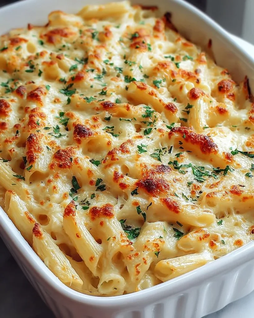 Creamy cottage cheese Alfredo pasta bake served in a dish