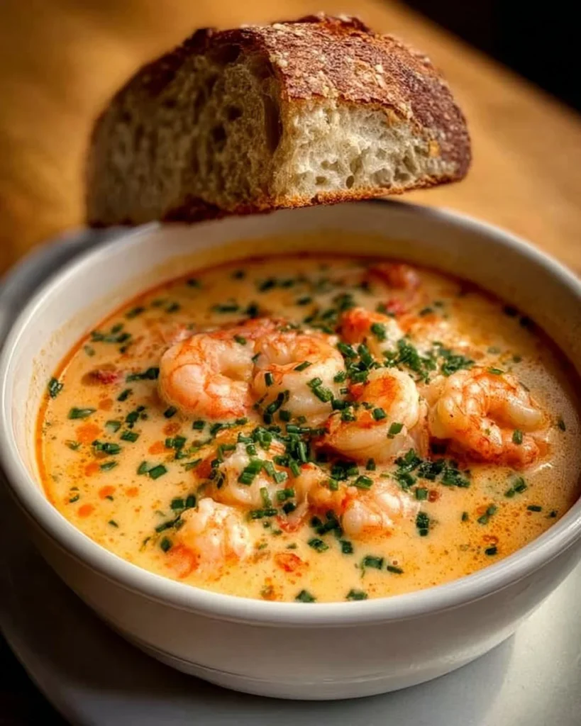 Creamy crab and shrimp seafood bisque in a bowl, garnished with herbs.