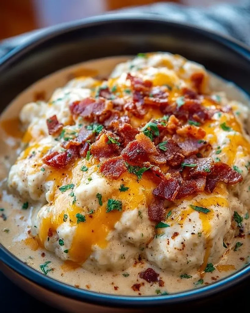 Creamy crockpot crack chicken in a bowl garnished with herbs