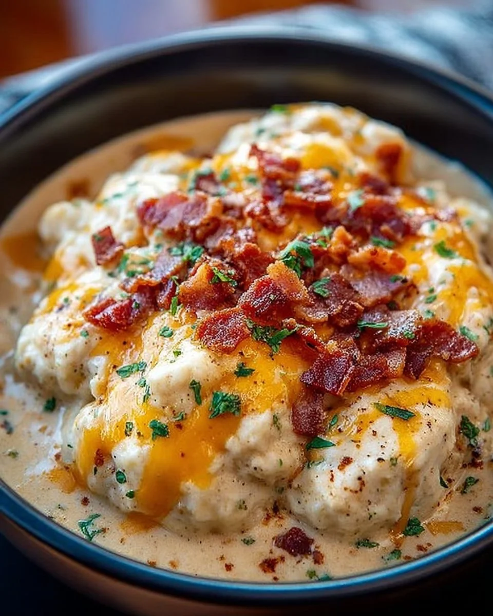 Creamy crockpot crack chicken in a bowl garnished with herbs