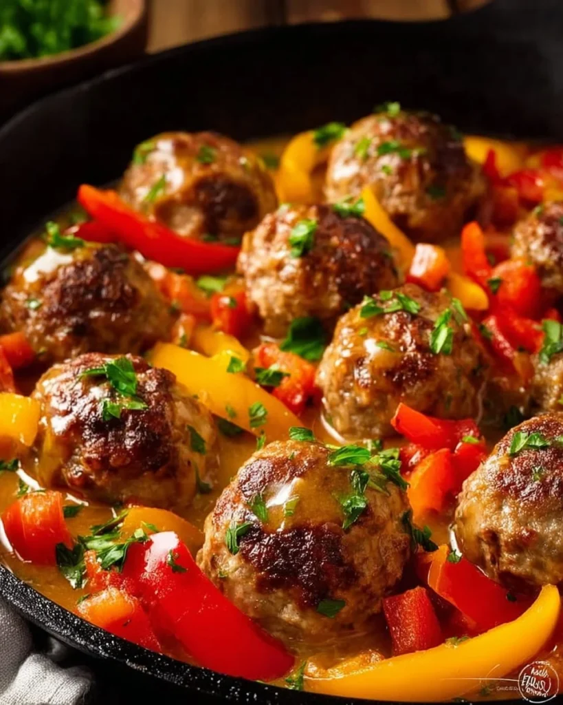 Creamy dreamy meatballs and pepper skillet dish ready to serve