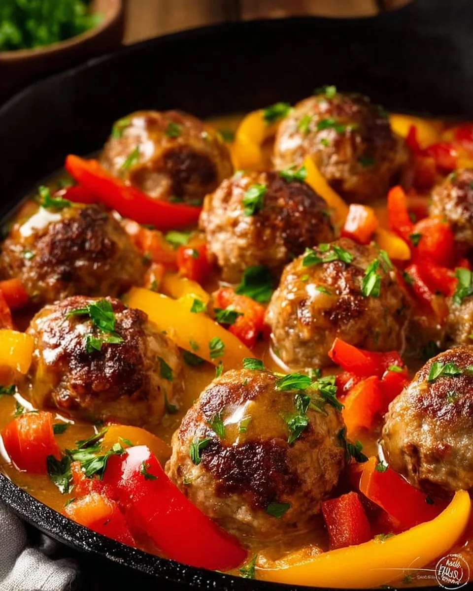 Creamy dreamy meatballs and pepper skillet dish ready to serve