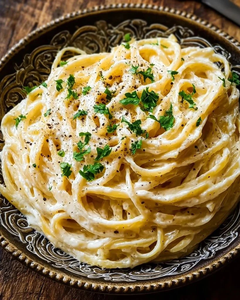 Plate of creamy four-cheese spaghetti topped with herbs and parmesan