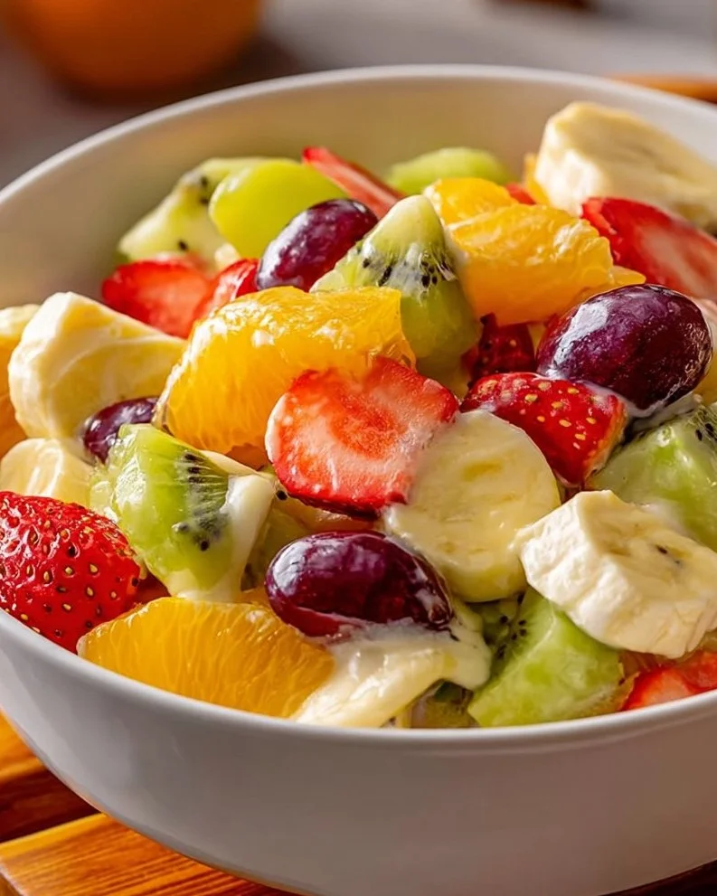 Creamy fruit salad with a variety of fresh fruits in a bowl.