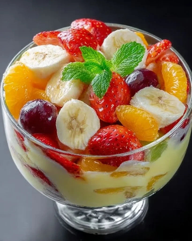 Delicious creamy fruit trifle salad with layers of fruit and cream